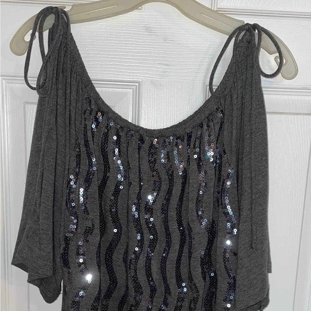 Beautiful sequence cold shoulder cotton shirt with ties on the shoulder